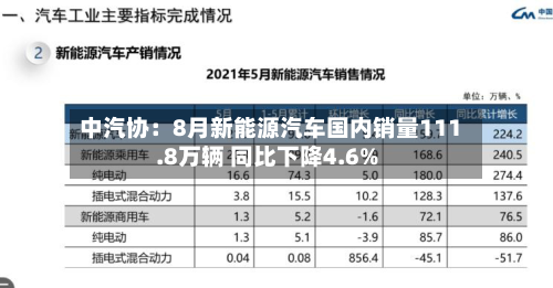 中汽协：8月新能源汽车国内销量111.8万辆 同比下降4.6%-第2张图片